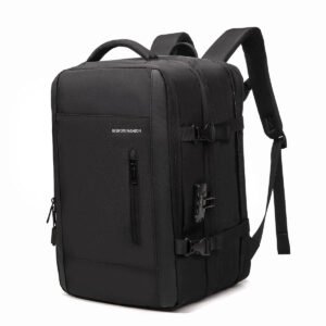 Mochila para computador masculina, com fecho de senha, capacidade expansível de 25-40L, impermeável, reforçada, com espaço para notebook e porta USB, ideal para viagens e deslocamentos diários.
