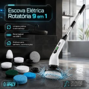 Mop Escova Elétrica Rotatória 9 Em 1 Recarregável USB-C Multiuso Limpeza Para Banheiro Cozinha E Piso