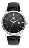 Relógio Masculino Chrowl Saint Germain Pulseira Couro Caixa Prateada Fundo Preto 42mm Clássico