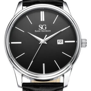 Relógio Masculino Chrowl Saint Germain Pulseira Couro Caixa Prateada Fundo Preto 42mm Clássico