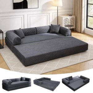 Sofá Cama Modular de Veludo Cotelê Cinza p/ 3 Pessoas, Com Espuma de Alta Densidade e Capa Removível