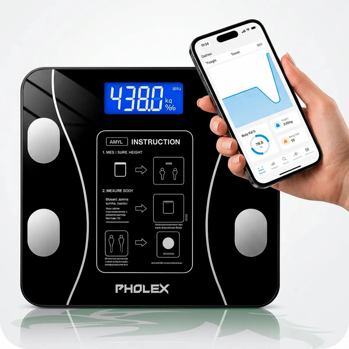Balança Digital Corporal Bioimpedância Pholex Com Aplicativo Bluetooth Android e iOS Vidro Temperado Alta Capacidade Balança Academia Personal Banheiro Homologada Anatel Balança Digital Corporal Bioimpedância Pholex Com Aplicativo Bluetooth Android e iOS Vidro Temperado Alta Capacidade Balança Academia Personal Banheiro Homologada Anatel