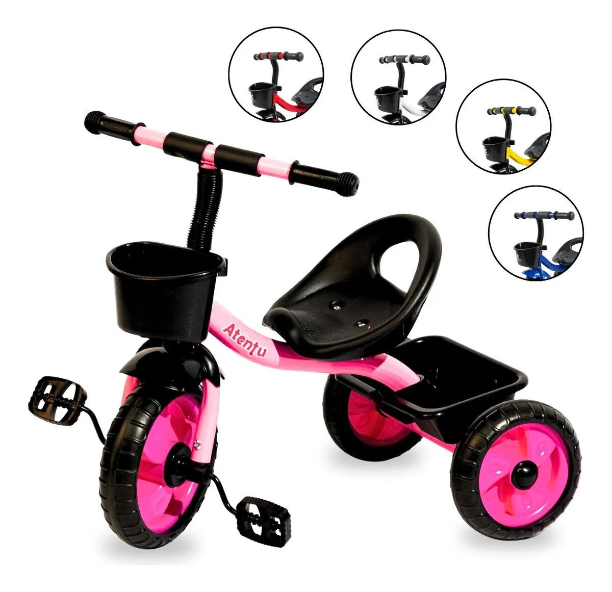 Brinquedo triciclo de 3 rodas para crianças com cesto de bolhas rosa chiclete Atentu triciclo infantil motoca Brinquedo triciclo de 3 rodas para crianças com cesto de bolhas rosa chiclete Atentu triciclo infantil motoca