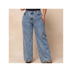 Calça Jeans Wide Leg Feminina Plus Size Destroyed