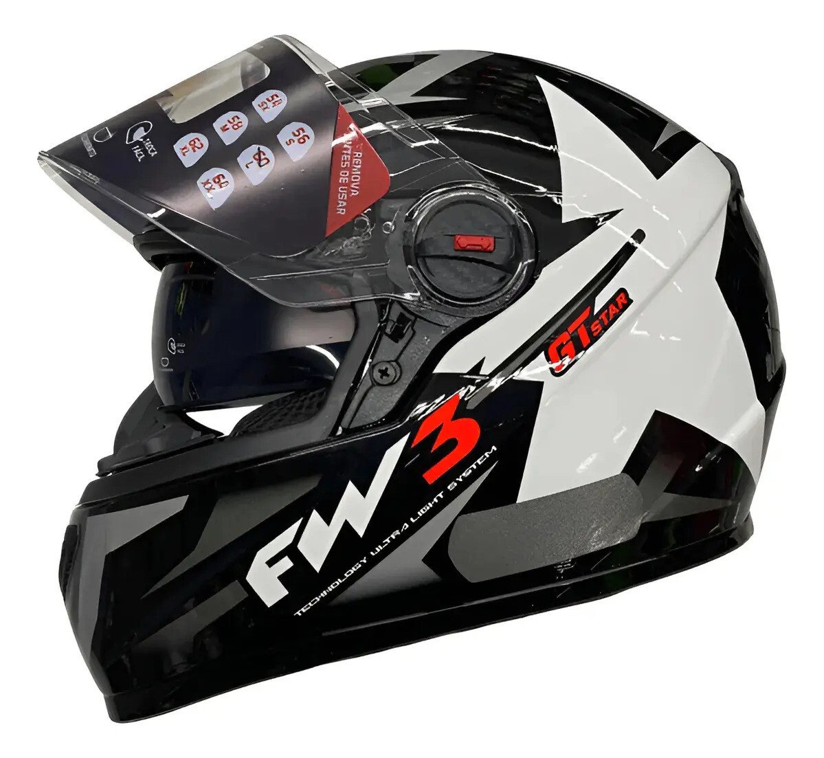 Capacete FW3 GTX Star Preto e Branco Grafite Óculos Interno Capacete FW3 GTX Star Preto e Branco Grafite Óculos Interno