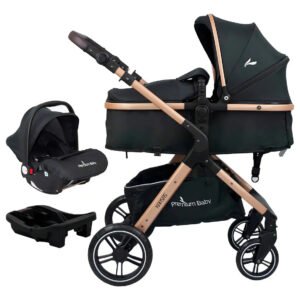 Carrinho de Bebê Kansas 3 em 1 Gold Premium Baby Travel System com Bebê Conforto Base para Carro Função Moisés Assento Reversível e Adaptadores