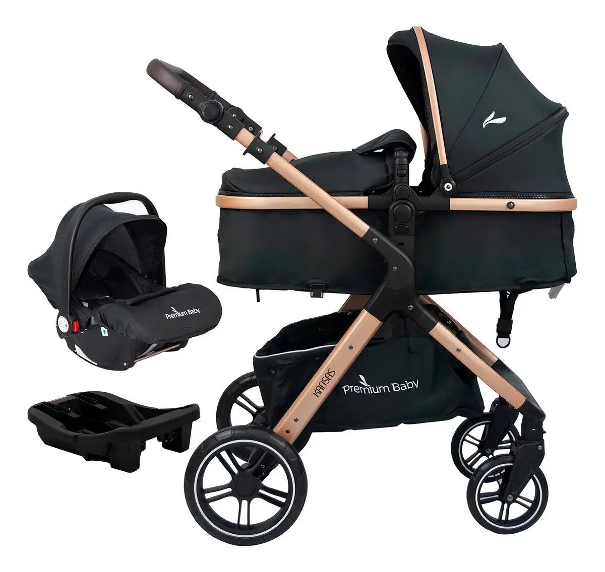 Carrinho de Bebê Kansas 3 em 1 Gold Premium Baby Travel System com Bebê Conforto Base para Carro Função Moisés Assento Reversível e Adaptadores Carrinho de Bebê Kansas 3 em 1 Gold Premium Baby Travel System com Bebê Conforto Base para Carro Função Moisés Assento Reversível e Adaptadores