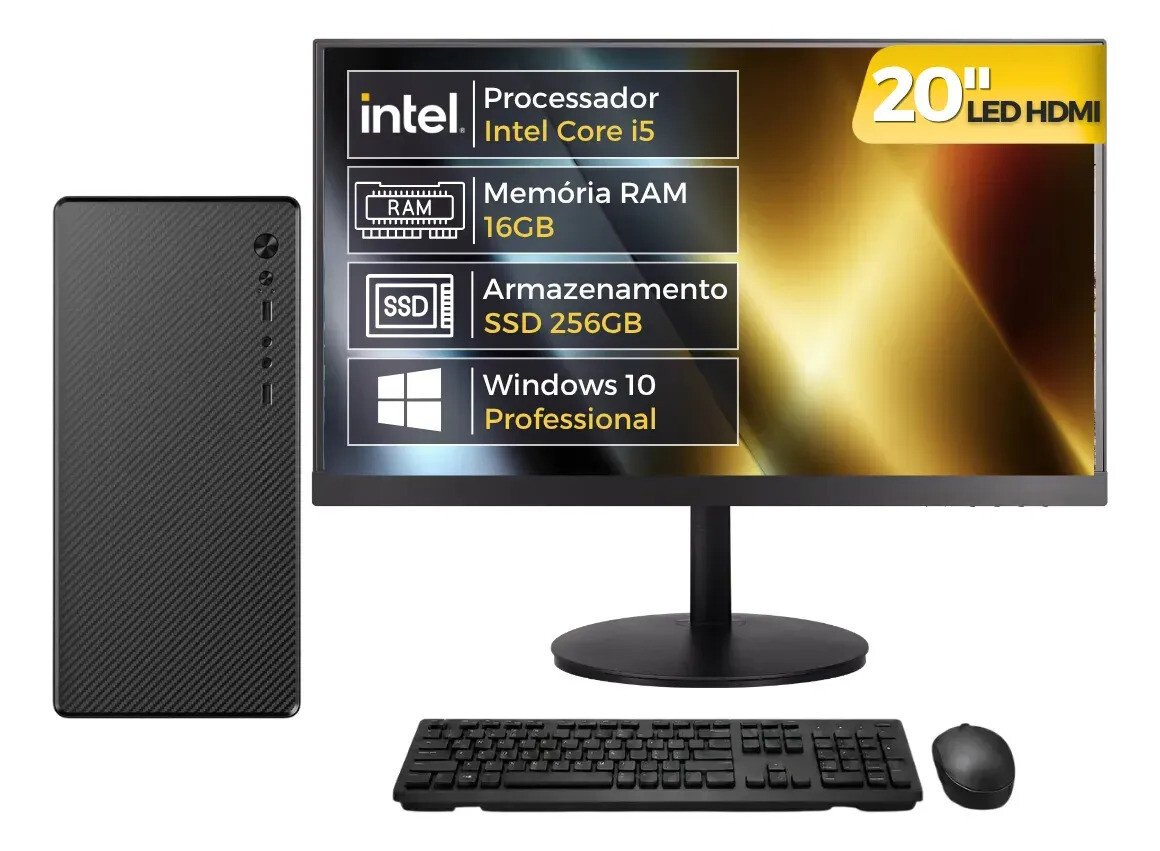 Computador Completo Intel Core i5, 16GB RAM, SSD 256GB, Monitor 20" LED, Windows 10 Pro, Bivolt, Preto - BluePC Office CDBP-OFF100 Computador Completo Intel Core i5, 16GB RAM, SSD 256GB, Monitor 20" LED, Windows 10 Pro, Bivolt, Preto - BluePC Office CDBP-OFF100