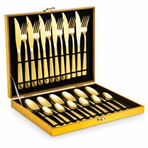 Eps-158 Kit Faqueiro Dourado Luxo Jogo Talheres Inox 24pçs + Maleta Sem Estampa