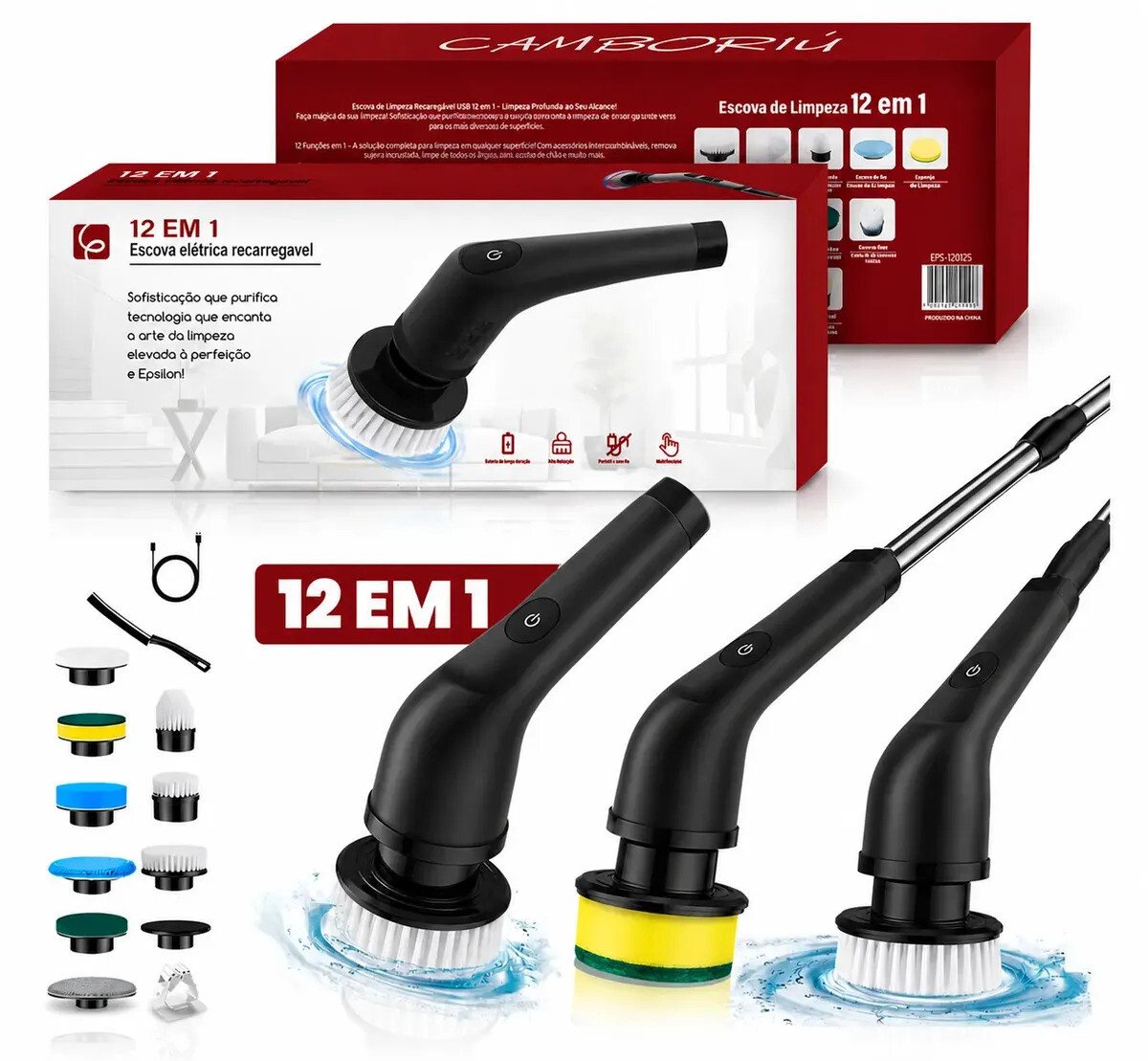 Escova de limpeza elétrica 12 em 1 giratória recarregável cabo regulável EPS-4112 - PRETO Escova de limpeza elétrica 12 em 1 giratória recarregável cabo regulável EPS-4112 - PRETO