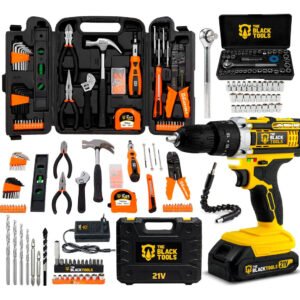 Furadeira Parafusadeira De Impacto A Bateria Sem Fio 21v 3/8 Com Jogo De Ferramentas 169 Peças Maleta The Black Tools