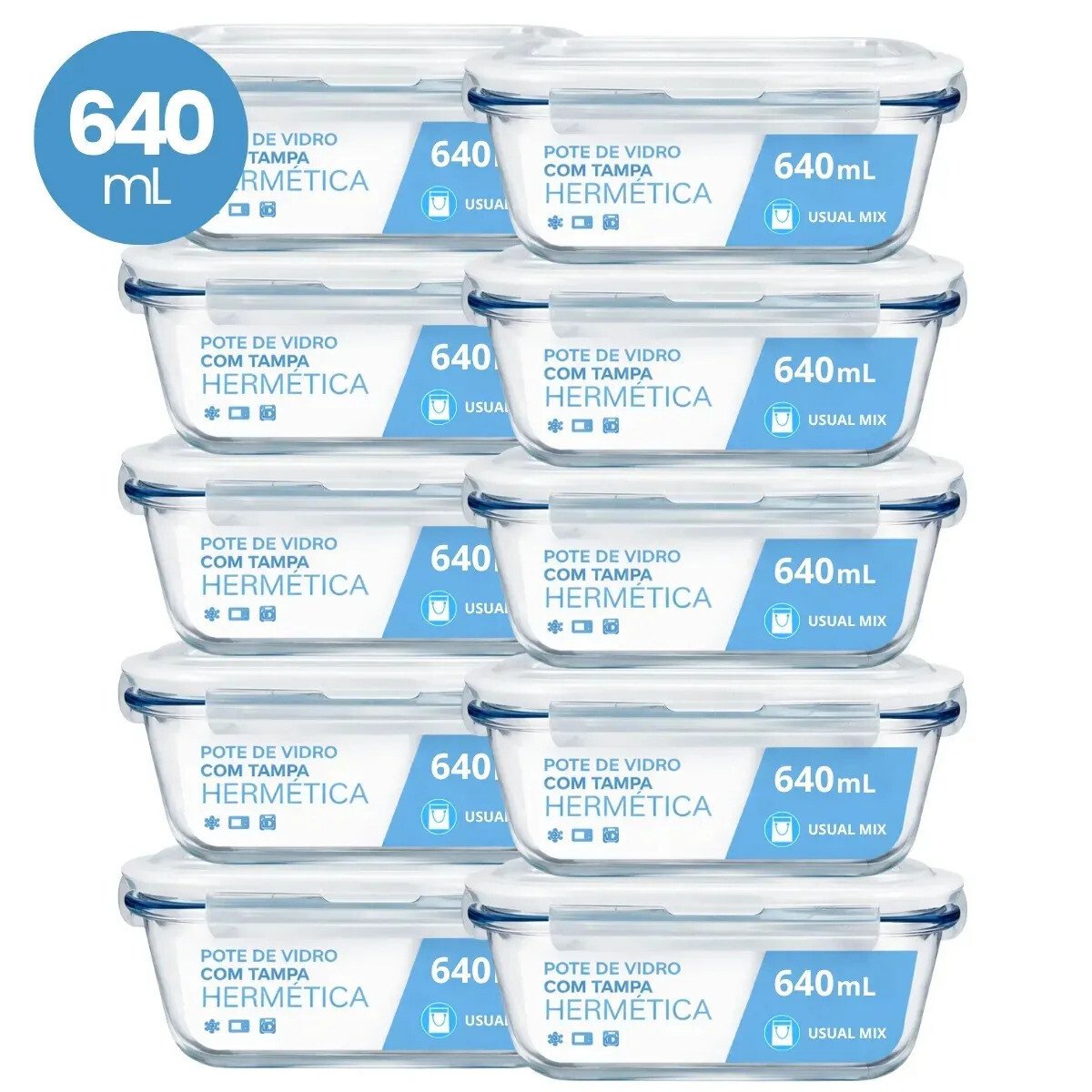 Kit 10 Pote Vidro Hermético Marmita 640ml Micro-ondas Freezer Forno Organização Geladeira Kit 10 Pote Vidro Hermético Marmita 640ml Micro-ondas Freezer Forno Organização Geladeira
