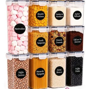 Kit 15 Potes Herméticos para Mantimentos com Tampa Etiquetas e Colheres Medidoras Jogo de Potes Porta Mantimentos Cozinha e Despensa Organizada Vasilhas Plásticas Empilháveis Transparentes Palada