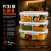 Kit 3 Potes De Vidro Com Divisória Herméticos Retangulares 640ml Com Tampa De 4 Travas Vedação Antivazamento Para Marmitas Freezer Micro-Ondas Forno Sem Tampa Lava-Louças Organização Casa – Hold On
