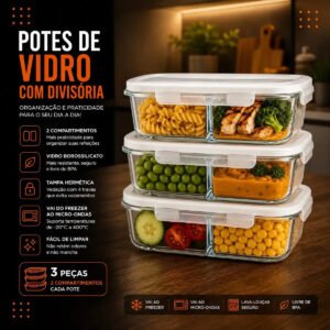 Kit 3 Potes De Vidro Com Divisória Herméticos Retangulares 640ml Com Tampa De 4 Travas Vedação Antivazamento Para Marmitas Freezer Micro-Ondas Forno Sem Tampa Lava-Louças Organização Casa – Hold On