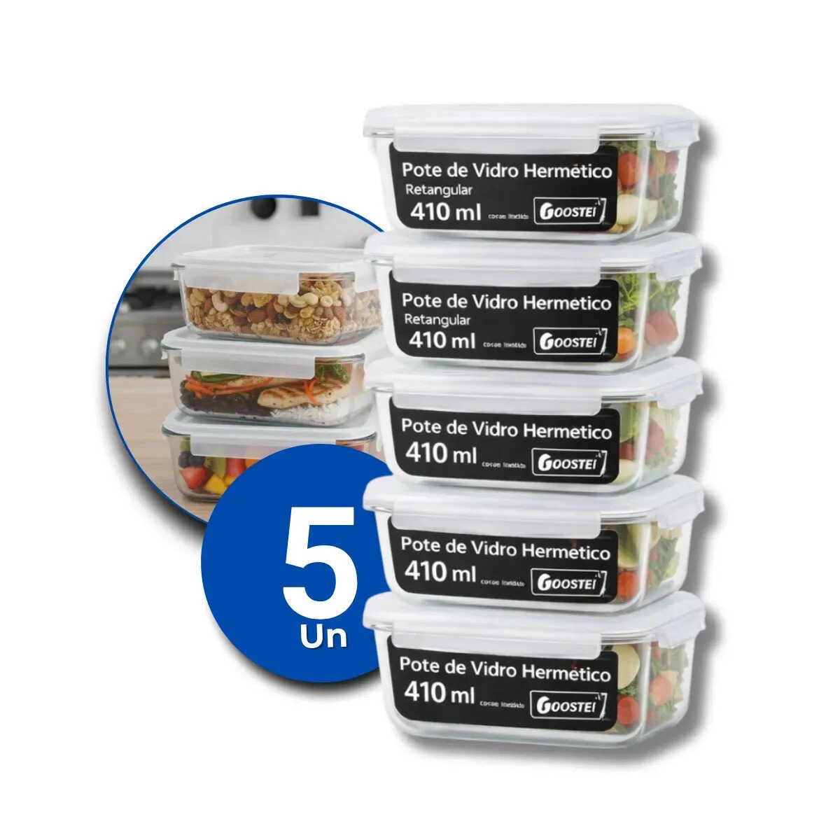 Kit 5 Potes De Vidro Hermetíco 410ml Marmita Forno Retangular Com 4 Travas Gostei! Kit 5 Potes De Vidro Hermetíco 410ml Marmita Forno Retangular Com 4 Travas Gostei!
