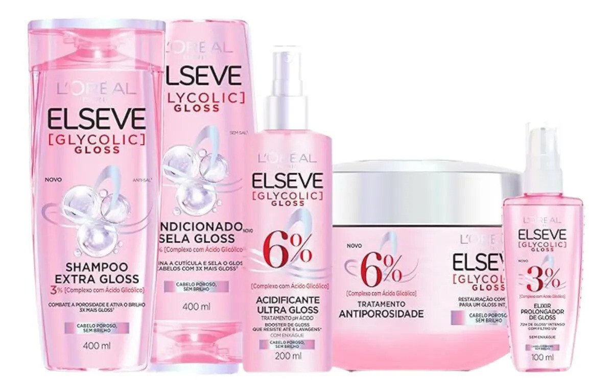 Kit Capilar Anti-Porosidade Glycolic Gloss Elseve L'Oréal Paris, 5 Passos Kit Capilar Anti-Porosidade Glycolic Gloss Elseve L'Oréal Paris, 5 Passos