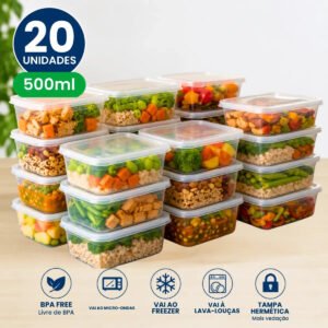 Kit com 20 Potes Plástico Hermético de 500 mL para Marmita Fitness