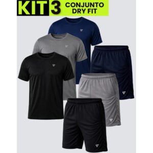 Kit Com 3 Conjuntos Academia Masculino Dry Fit Shorts+camisa