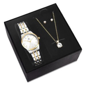 Kit Relógio Colar e Brincos Ponto De Luz Dourado e Prateado Feminino Luxo Saint Germain 28mm