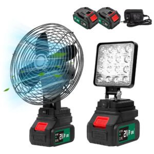 Kit Ventilador Portatil 8” + Lanterna De Trabalho Luz Led 4” Portatil 2 Baterias Recarregável