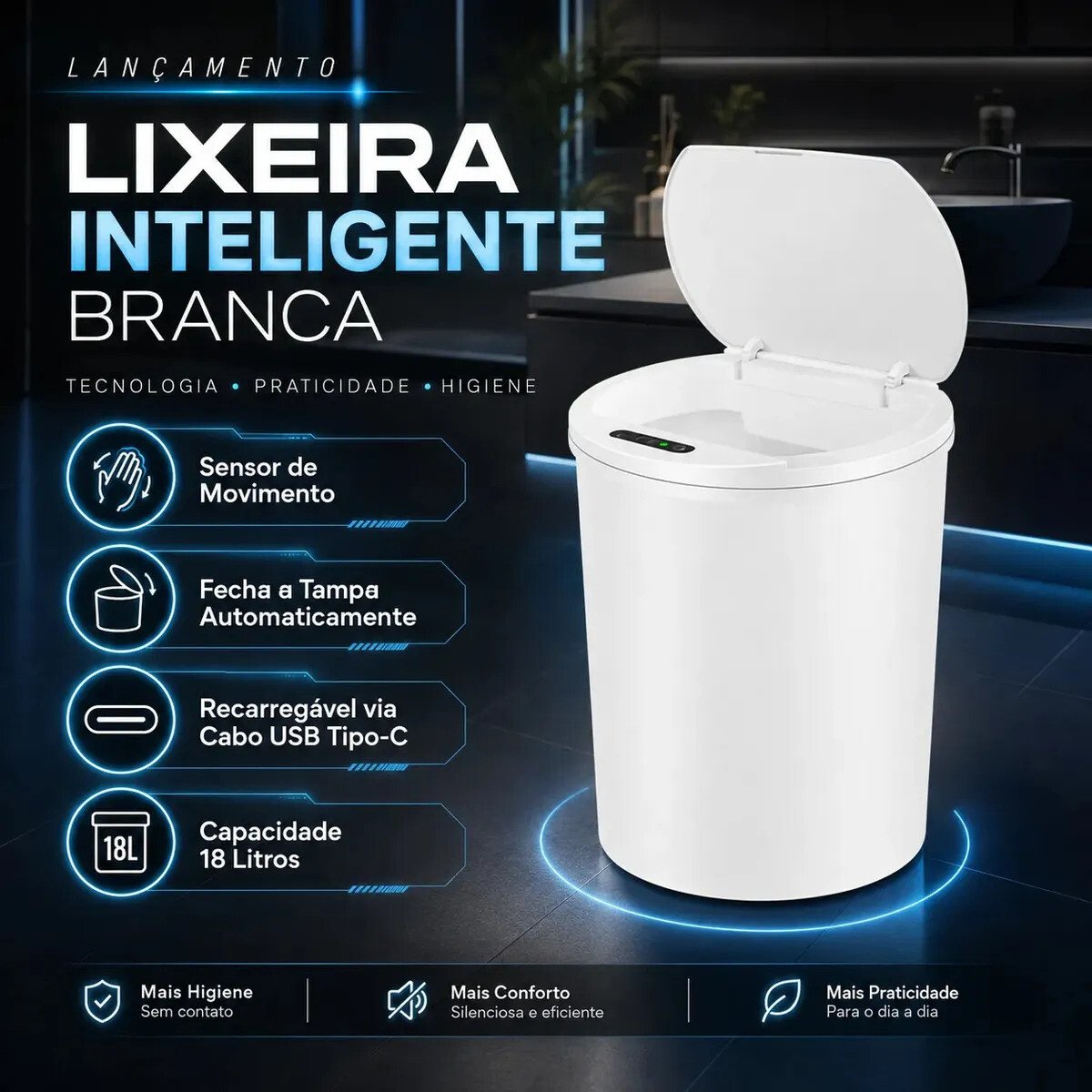 Lixeira Inteligente Automática Branca Com Sensor Anti Odor 16l Recarregável Usb Abre Sozinha Lixeira Inteligente Automática Branca Com Sensor Anti Odor 16l Recarregável Usb Abre Sozinha
