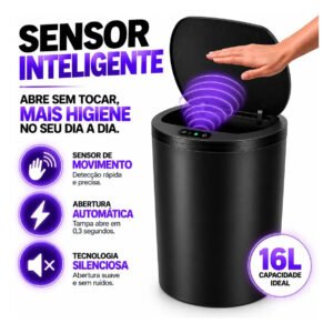 Lixeira Inteligente Automática Redonda Recarregável USB‐C Sensor para Cozinha Banheiro Escritório
