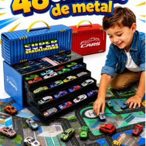 Maleta 48 Carrinhos + Tapete Pista 40×60 Estacionamento Brinquedo Infantil Presente Criança – Super Brasileirinho