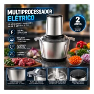 Multiprocessador Elétrico 2L 400W Inox Triturador Moedor Picador de Alimentos para Carne Legumes Alho Temperos Cozinha Hardline