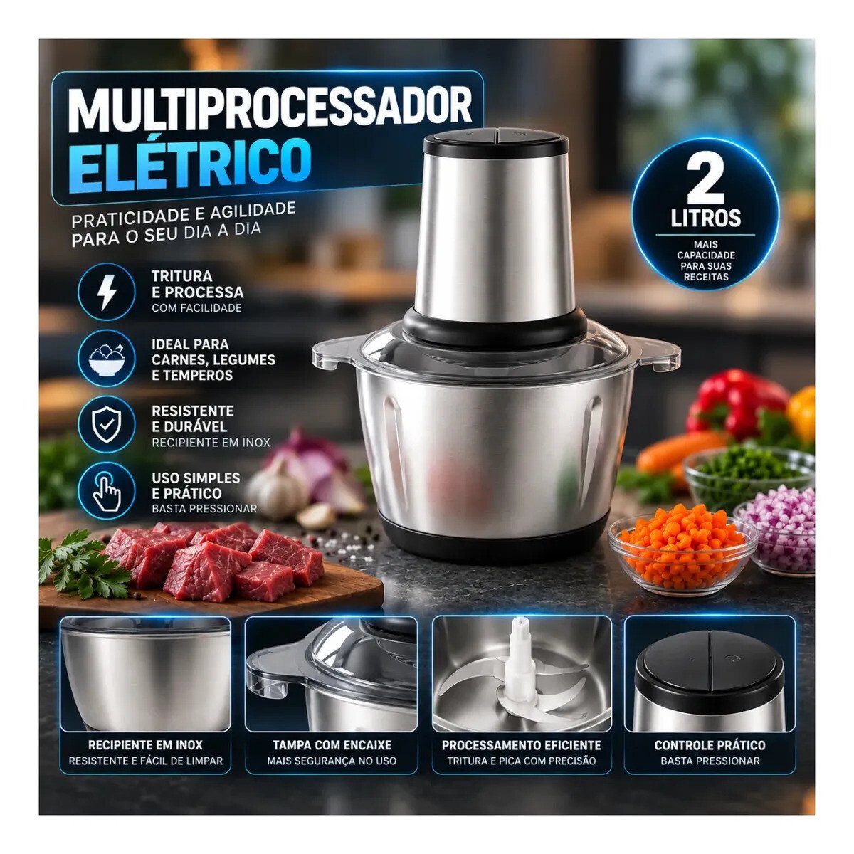 Multiprocessador Elétrico 2L 400W Inox Triturador Moedor Picador de Alimentos para Carne Legumes Alho Temperos Cozinha Hardline Multiprocessador Elétrico 2L 400W Inox Triturador Moedor Picador de Alimentos para Carne Legumes Alho Temperos Cozinha Hardline