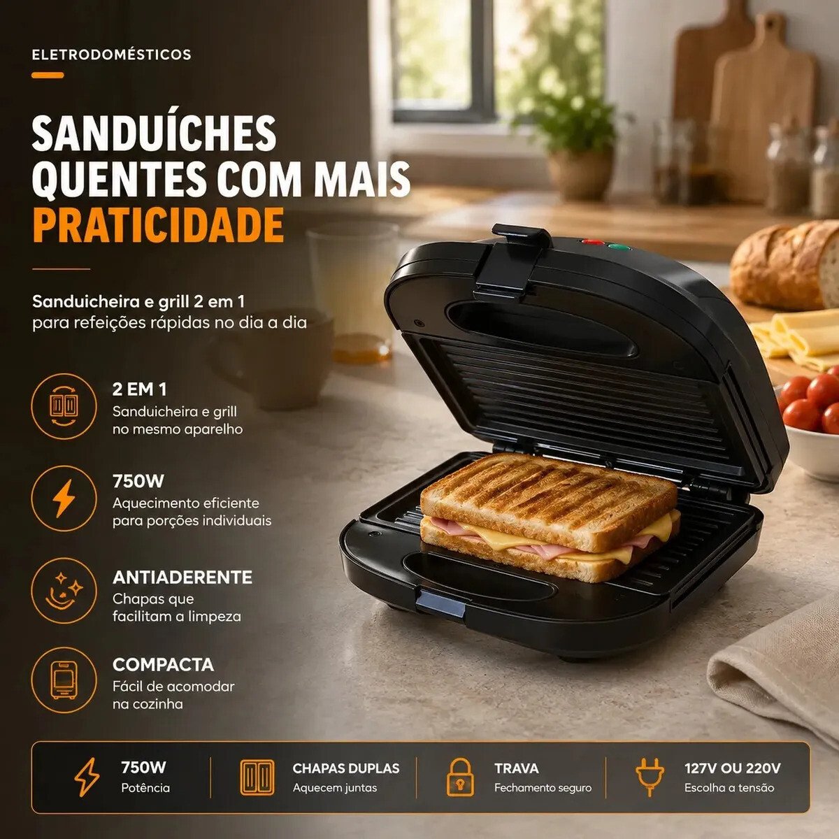 Sanduicheira Elétrica Preta Luxe Grill 2 em 1 Antiaderente Multiuso 750W Inox Preto Compacta para Sanduíches e Grill Elétrico Prático Viacruz Sanduicheira Elétrica Preta Luxe Grill 2 em 1 Antiaderente Multiuso 750W Inox Preto Compacta para Sanduíches e Grill Elétrico Prático Viacruz