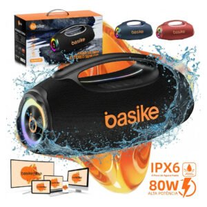 Basike Caixa de Som Portátil Com Bluetooth Boombox 80W 8000Mah 10hrs Sem fio IPX6 À Prova D’água Com Bateria Recarregavel Luz RGB Hifi TWS Bass Forte Áudio de Alta Qualid Para TV Festa Casa Subwoofer