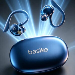 Basike Fone de Ouvido Bluetooth 5.4 TWS com Ear Clip e Gancho, Som HiFi com Graves Potentes e 3D, 10h Bateria e Carga Rápida, ENC, IPX6 – Perfeito para Academia e Corrida