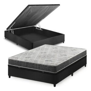 Cama Box Baú Casal Preto + Colchão Espuma D33 Ortopédico Zidi San Francisco 138x188x59cm