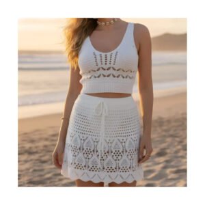 Conjunto Saída Praia Tricô Detalhado Cropped + Saia Verão
