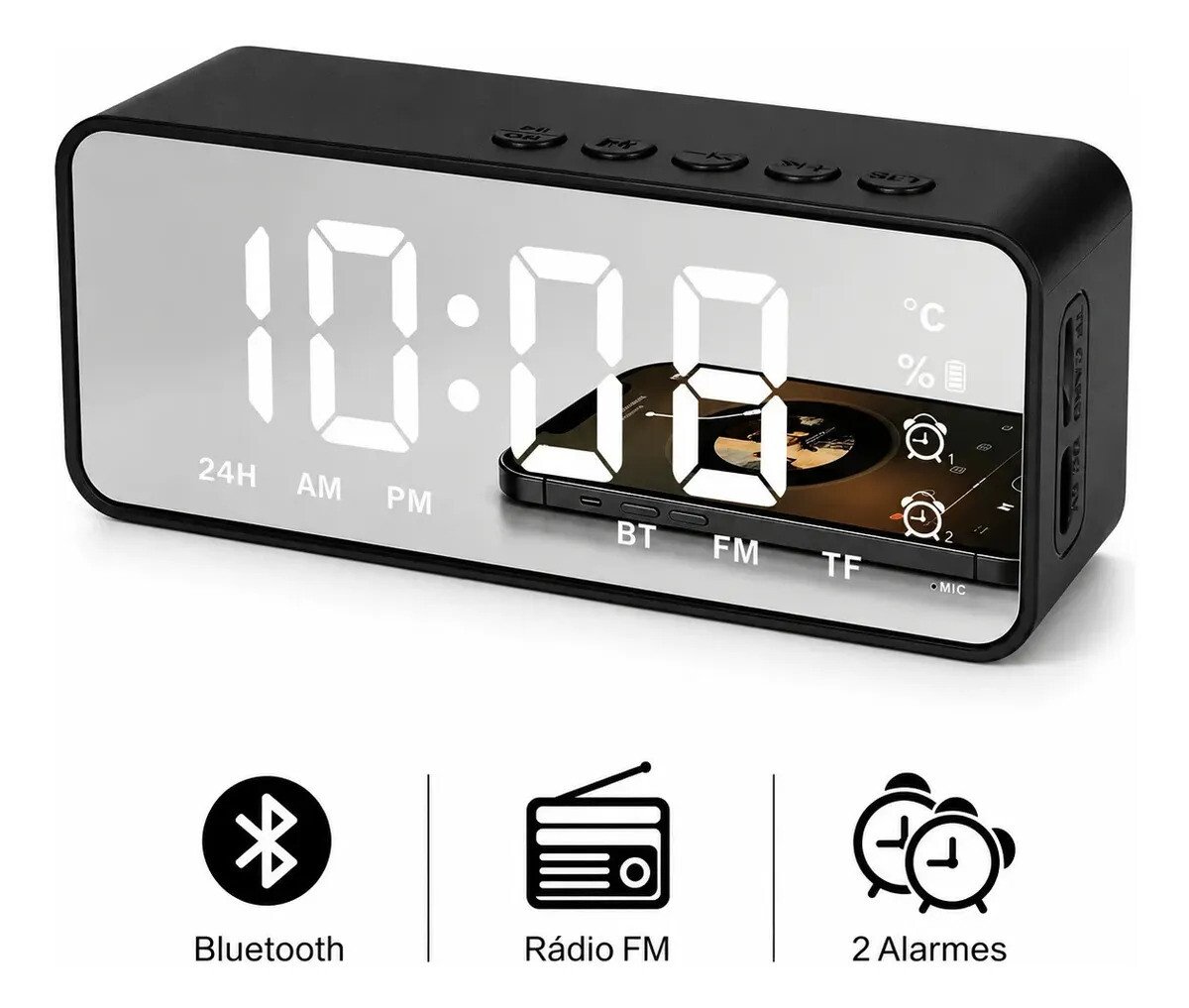 Despertador Digital Bluetooth G50 Relógio de Mesa LED Espelhado com Rádio FM Caixa de Som Duplo Alarme Sensor de Temperatura USB AUX Som Estéreo para Quarto Cabeceira despertador infantil FORESTORY Despertador Digital Bluetooth G50 Relógio de Mesa LED Espelhado com Rádio FM Caixa de Som Duplo Alarme Sensor de Temperatura USB AUX Som Estéreo para Quarto Cabeceira despertador infantil FORESTORY