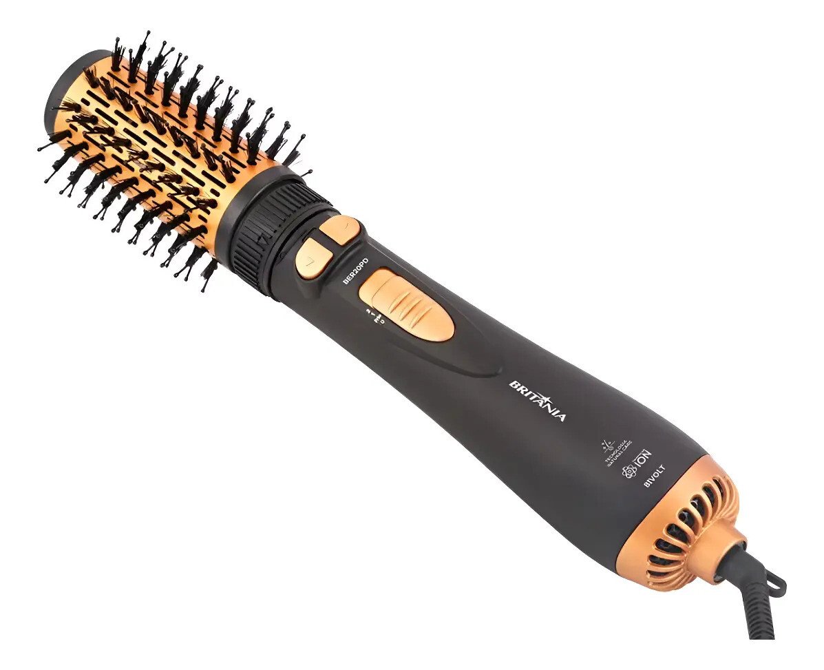 Escova Modeladora Rotativa Britânia Ber20pd 3 Temperaturas Cor Preto e Dourado Escova Modeladora Rotativa Britânia Ber20pd 3 Temperaturas Cor Preto e Dourado