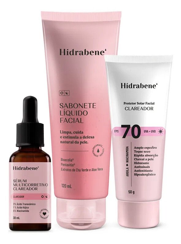 Kit Hidrabene Linha Clareadora Sabonete Serum E Protetor 70 Kit Hidrabene Linha Clareadora Sabonete Serum E Protetor 70