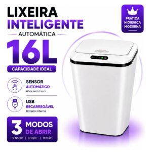Lixeira Inteligente Automática 16L Sensor Infravermelho Recarregável USB-C 3 Modos Tampa Touch Banheiro Cozinha