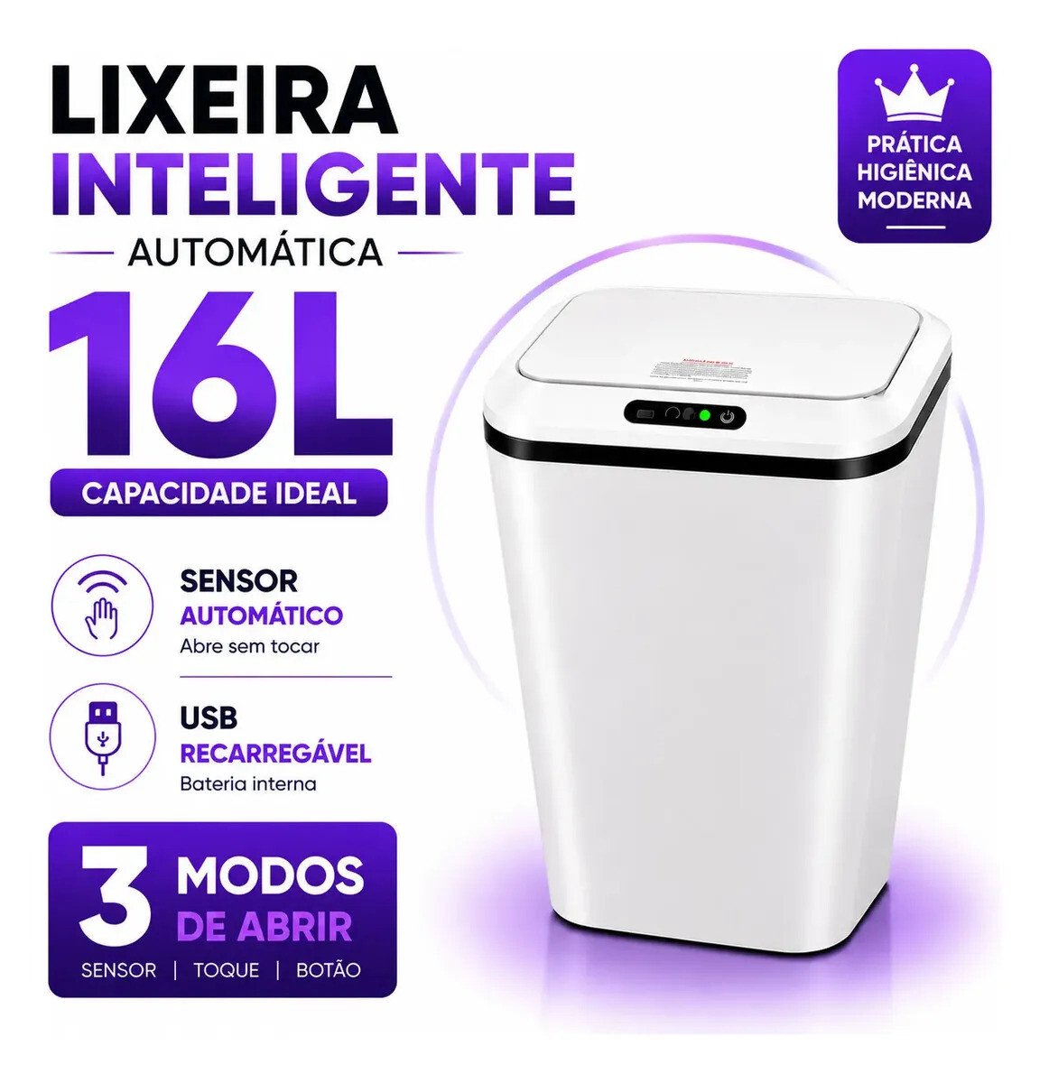 Lixeira Inteligente Automática 16L Sensor Infravermelho Recarregável USB-C 3 Modos Tampa Touch Banheiro Cozinha Lixeira Inteligente Automática 16L Sensor Infravermelho Recarregável USB-C 3 Modos Tampa Touch Banheiro Cozinha