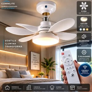 Ventilador de Teto 60W Silencioso Lâmpada Forte com LED, Controle e 6 Pás Soquete E27 Para Residencial Comercial Interno Externo Quarto Sala Cozinha Escritório Gourmet Apartamento Casa – Commlite